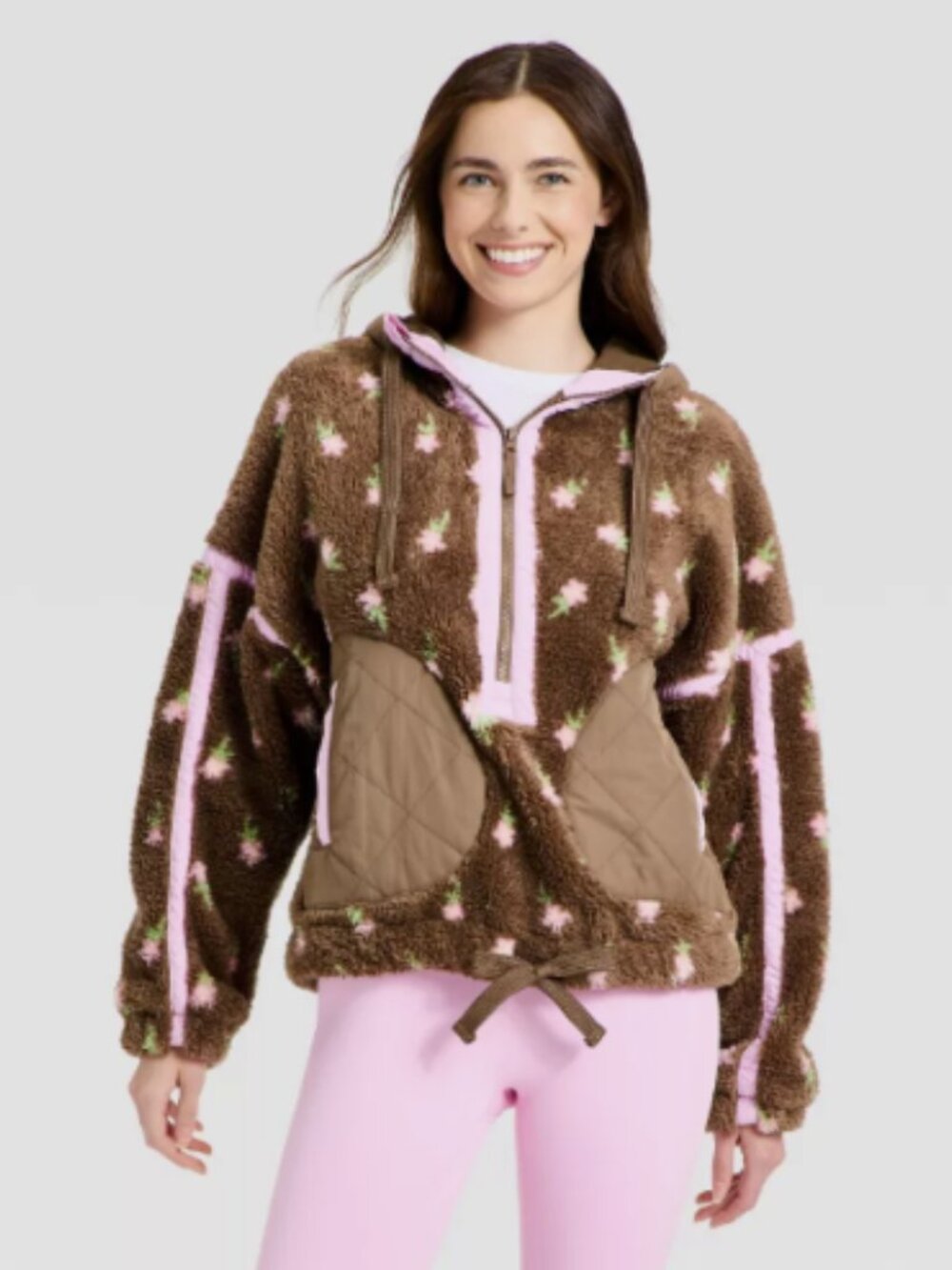 Joy Lab NWT Brown Floral Sherpa Quarter Zip, Boxy Fit - Size S